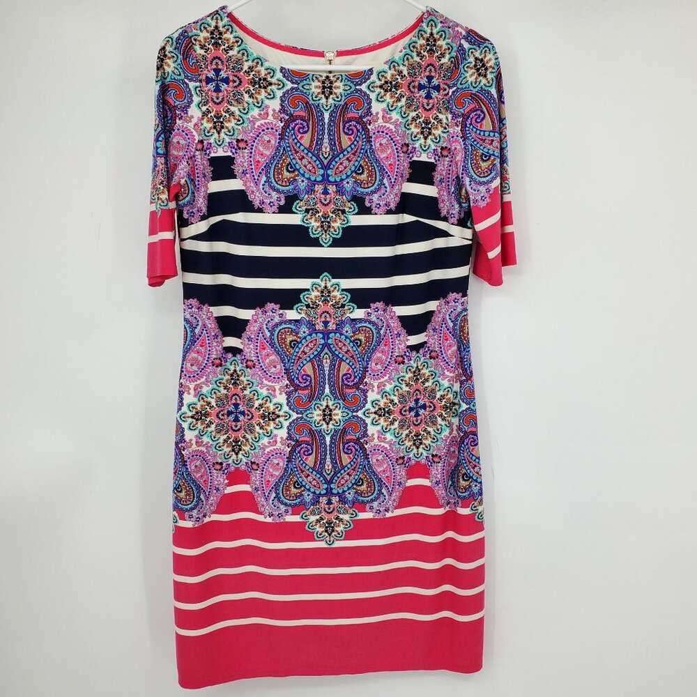 Eliza‎ J Women's Paisley Printed Striped Above Knee Coastal Grandma Dress 8